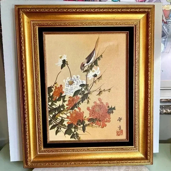 Vintage Royal Chinese Painting Bird Floral Scene Black Velvet Trim Gold Frame - Picture 1 of 15